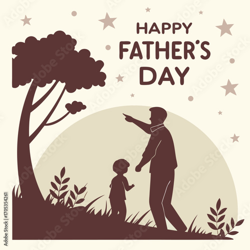 Vector art of a father and son are walking in a park on fathers day, pointing at something in the distance, happy fathers day