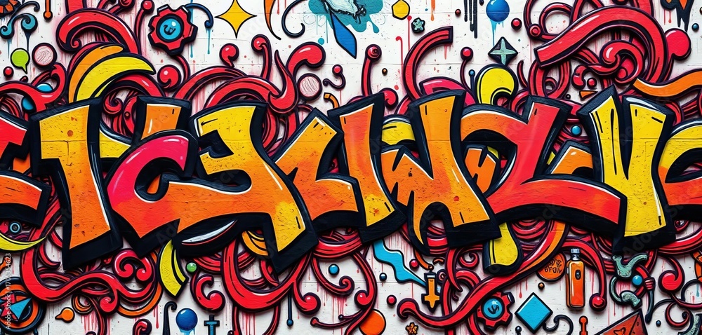 Fototapeta premium Intricate, flowing graffiti design forming a cohesive, repeating pattern, vibrant, splatter