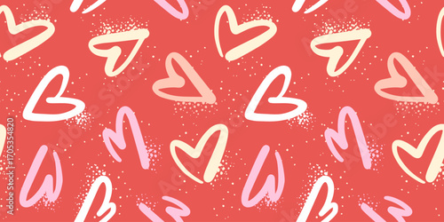 Hearts seamless pattern in a rough hand drawn style on red background. Vector romantic background design.
