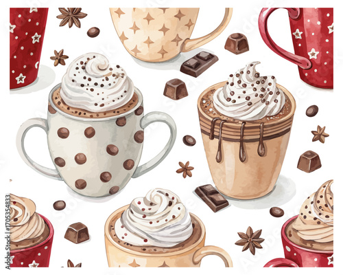Watercolor seamless pattern with hot cocoa mugs vector illustration 