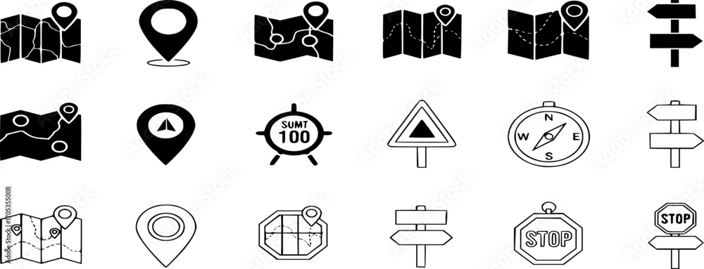 Fototapeta premium Navigation and road trip vector icon set. Solid and outline icons of maps, location pins, compasses, and road signs. Clean and minimalist illustration style.