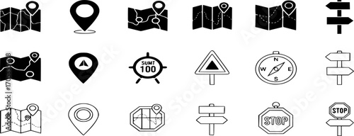 Navigation and road trip vector icon set. Solid and outline icons of maps, location pins, compasses, and road signs. Clean and minimalist illustration style.