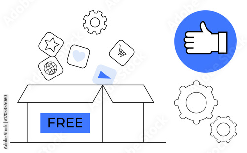 Open box releasing app-thumbs up icons of shopping, star, play, and heart. Thumbs-up gesture and gears suggesting functionality, innovation, and satisfaction. Ideal for technology, business