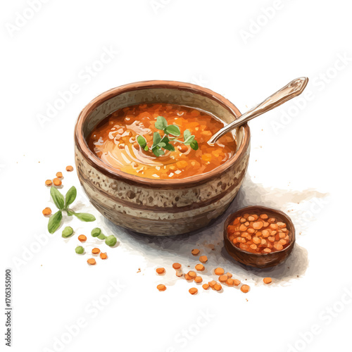 Lentil Soup, watercolor drawing vector, isolated on a white background.