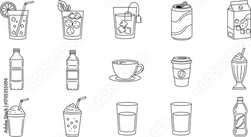 Collection of various drinks in outline style, including cocktails, tea, coffee, water, and soda