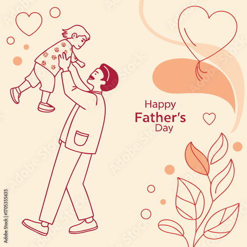 Vector art of a delightful fathers day illustration showcasing a father joyfully lifting his child in the air, surrounded by heartwarming elements perfect for expressing love and appreciation