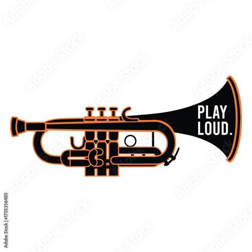 Vector art of a black and orange trumpet is displayed here