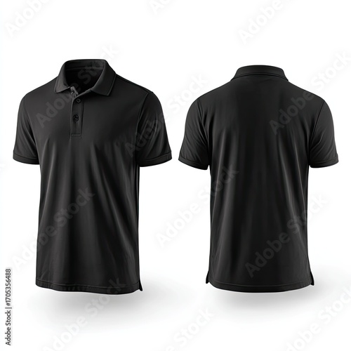 A plain black short-sleeved polo shirt shown from front and back views on a white background, highlighting its simple design and clean lines