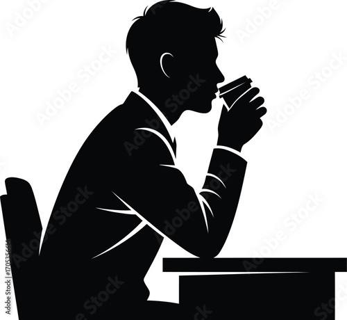 Business Man Drinking Coffee at Desk Silhouette