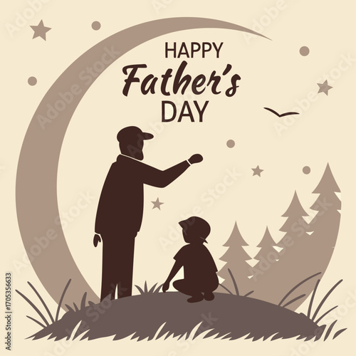 Vector art of silhouette of father and son celebrating happy fathers day with moon, stars, and trees a heartwarming illustration of family love and togetherness