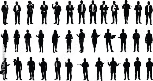 Business people silhouettes set of professionals in various poses, formal office wear, standing, talking, 