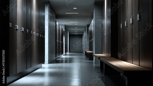 Modern locker room interior with dark wood lockers, sleek benches, linear lighting, and reflective tiled floor