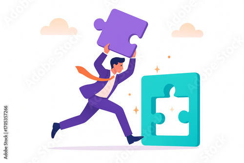 Dynamic businessman running to complete puzzle, achieving business solution and company success concept