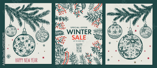 Christmas sale with toy, tree, Hand drawn illustration