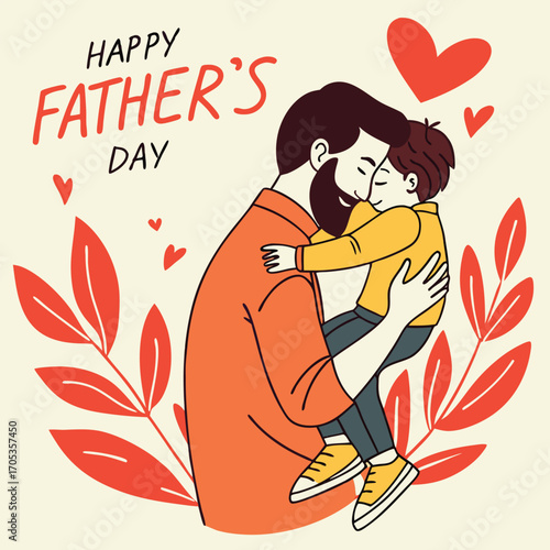 Vector art of a touching illustration of a father holding his child in a loving embrace, celebrating the beauty of fathers day with hearts and floral accents