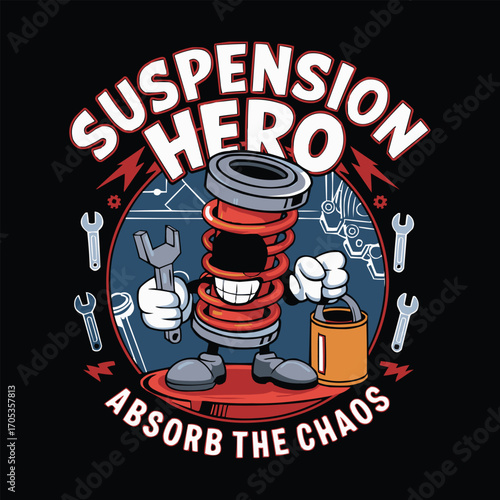 Suspension hero cartoon spring character with wrench and oil can for automotive repair, garage branding, and t shirt design