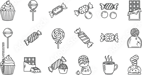 Sweet treats a delightful collection of candies, chocolates, and cupcakes in charming line art style