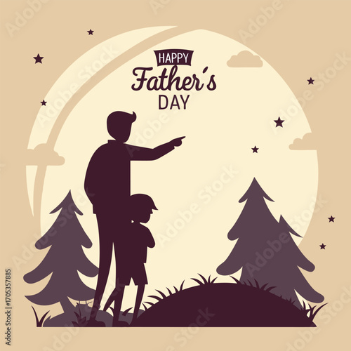 Vector art of a heartwarming fathers day illustration featuring a father and son enjoying nature, with trees and stars, perfect for celebrating family bonds and outdoor adventures