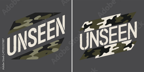 Camouflage unseen typography graphic with military style abstract pattern for streetwear and t shirt design