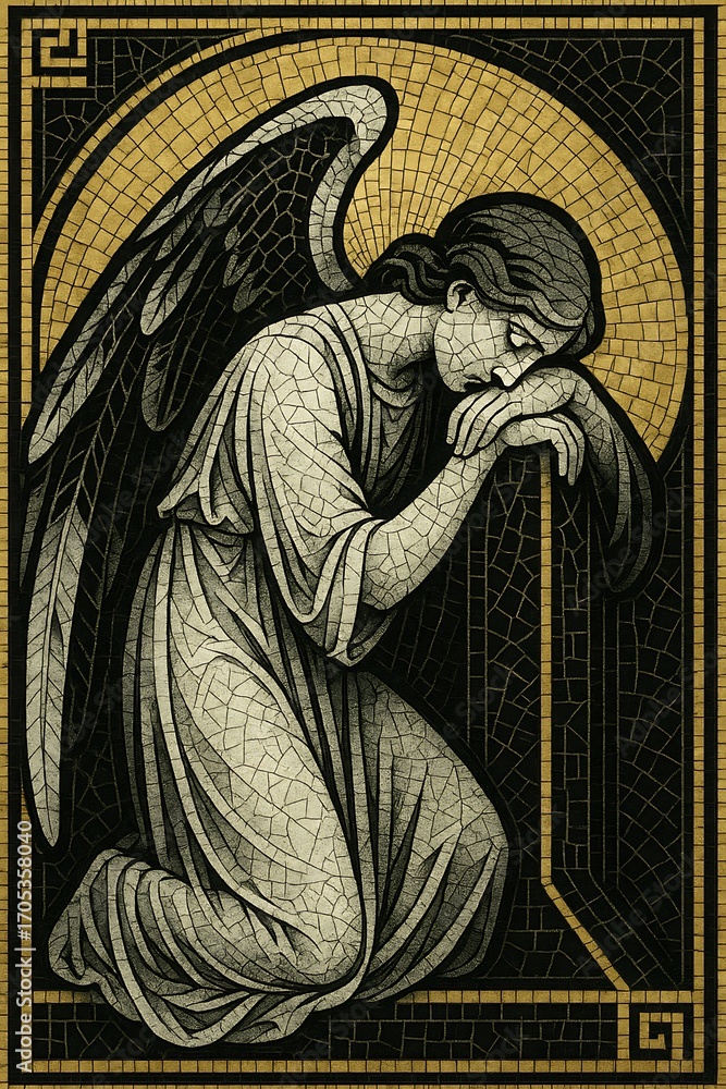 Fototapeta premium Mosaic artwork of praying angel with gold accents