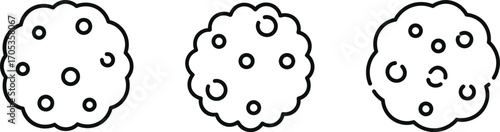 Three chocolate chip cookies in a row, simple line art style