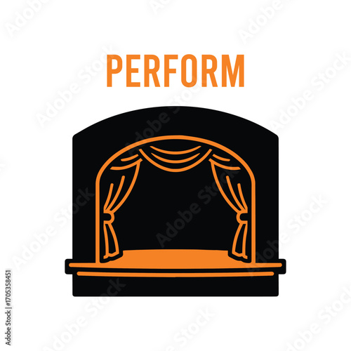 Illustration of a theater stage with the word perform