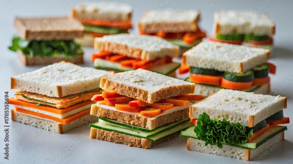 Obraz premium Vegetable Sandwiches on White Surface: Scene of Healthy Eating and Visual Order