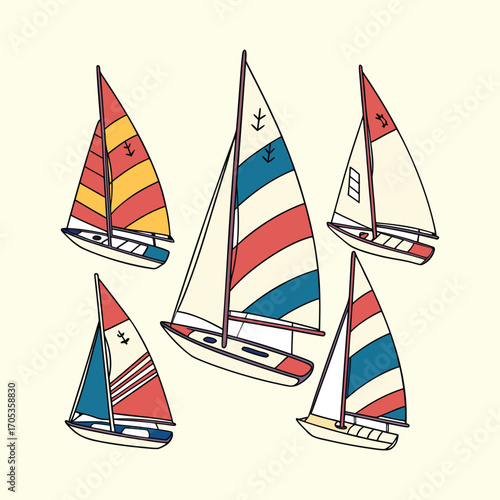 Colorful sailboats with striped sails on a light background
