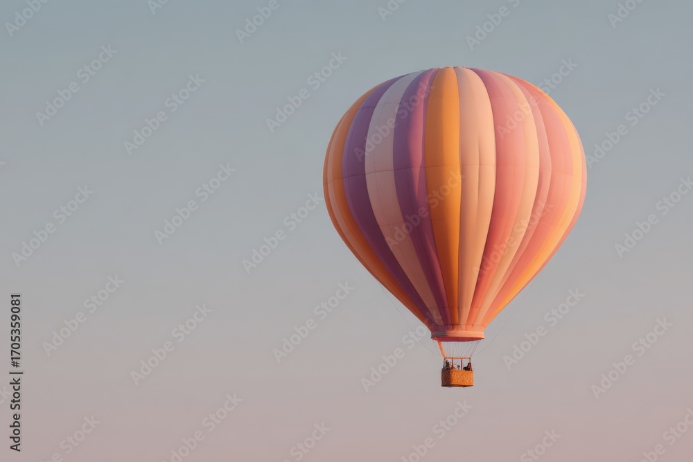 Fototapeta premium Colorful hot air balloon floats gently in the clear sky.