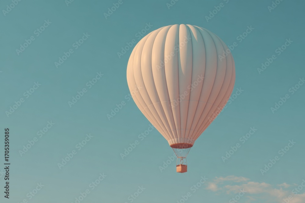 Naklejka premium A white hot air balloon is floating up high in the blue sky.