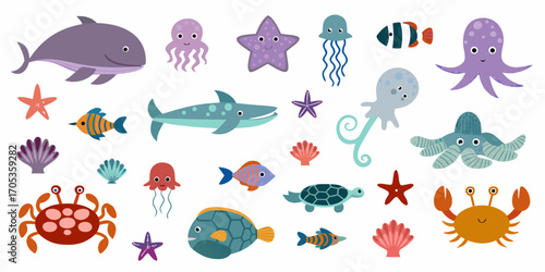 Cute cartoon sea creatures and marine life collection