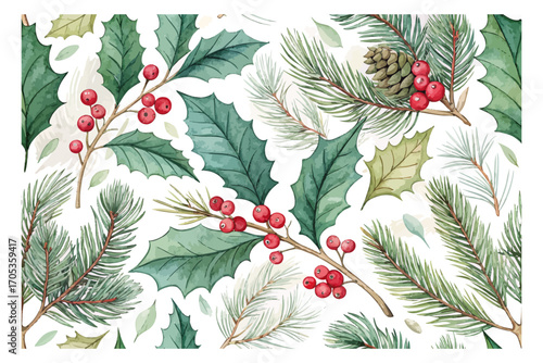 Watercolor seamless pattern with holly & pine branches vector illustration 