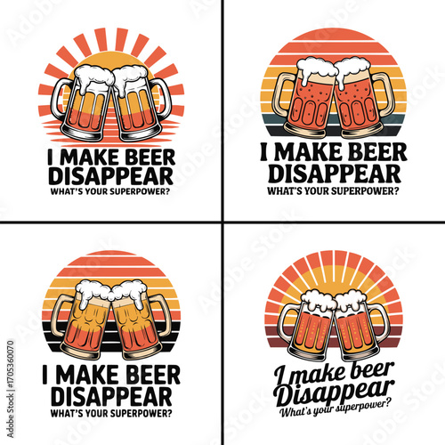Funny beer typography with retro sunset background and mugs of beer i make beer disappear quote graphic for t shirt design