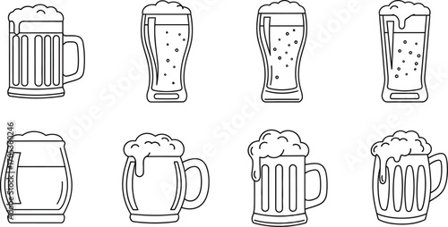 Set of beer glasses, showcasing various shapes and sizes, perfect for illustrating different beer styles