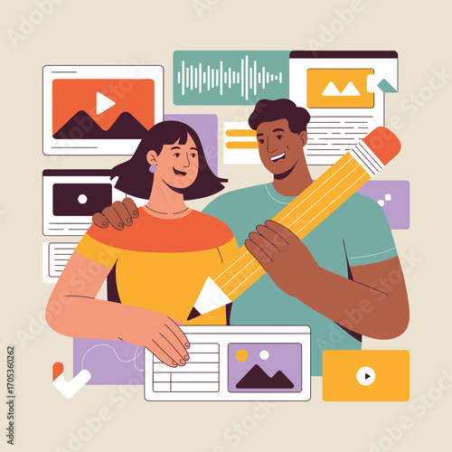 Couple holding a large yellow pencil surrounded by digital content and media windows Keywords