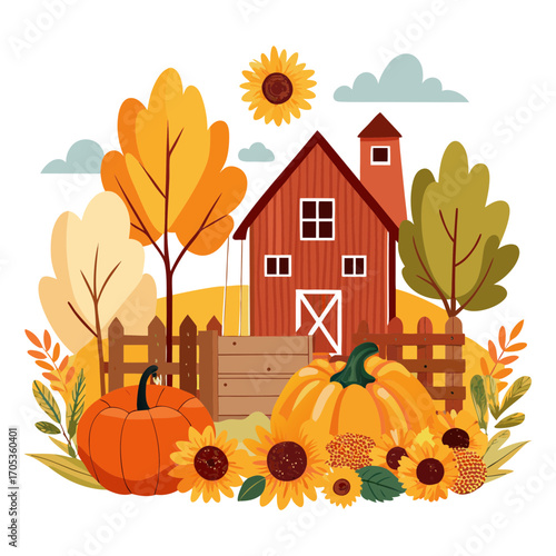 Fall harvest festival farmers market with pumpkins apples and bread trucks in autumn season illustration
