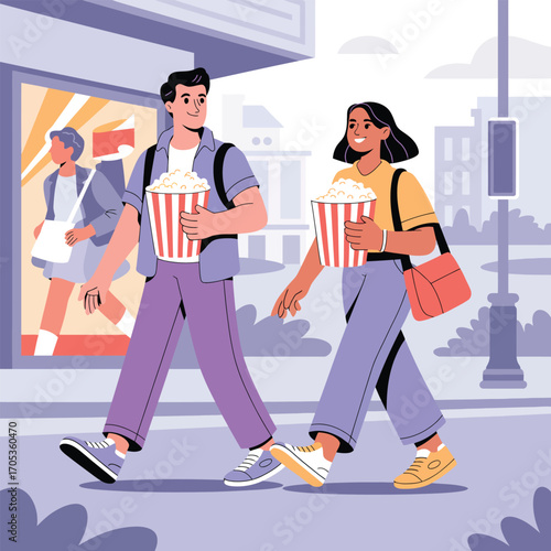 Couple walking with popcorn in front of a city building urban