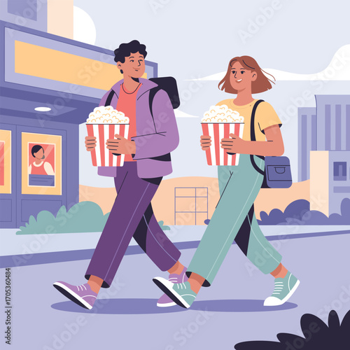 Couple walking with popcorn in front of movie theater building cinema