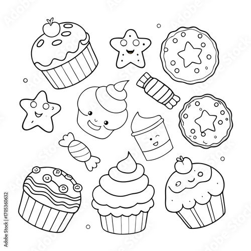 Doodle de comida dulce Ilustración vectorial de un libro de colorear para preescolar
