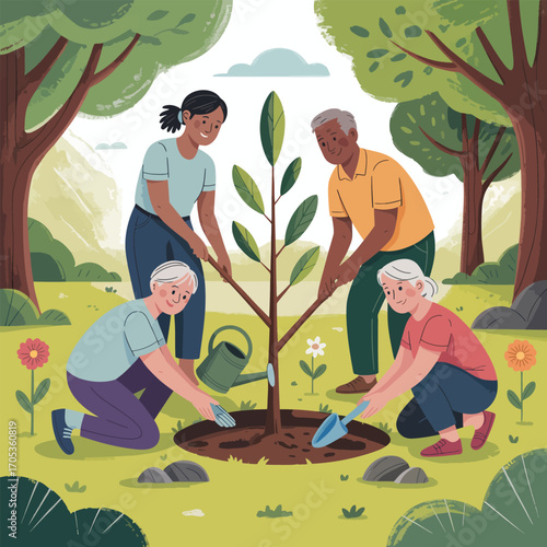 Diverse family members planting a tree together in a park with trees and flowers gardening