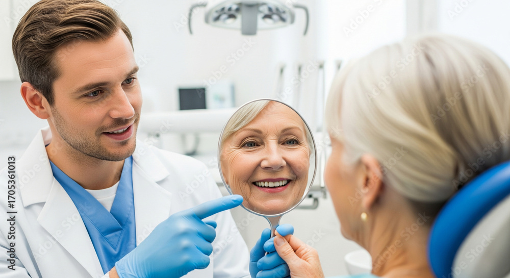 Obraz premium Dentist shows results of dental implant treatment to senior woman patient in mirror. Concept of oral care, prosthetics, treatment and teeth whitening