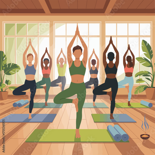 Diverse group of people in yoga class practicing tree pose with plants and mats Keywords: yoga