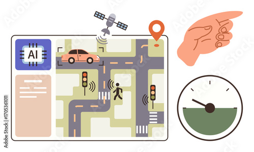 AI-monitored city map with cars, sensors, pedestrian crossings, satellite, pointer, and speedometer. Ideal for smart cities, AI technology, navigation urban planning innovation automation
