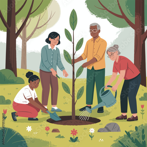 Diverse group of people planting a tree together in a park setting vector illustration