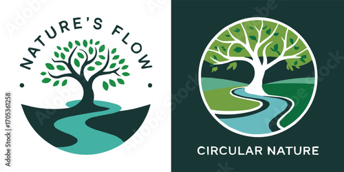 Nature tree logo set with river landscape and circular eco concept design for environment, sustainability, and t shirt design