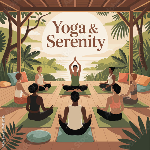 Diverse group practicing yoga and meditation outdoors with serene tropical backdrop