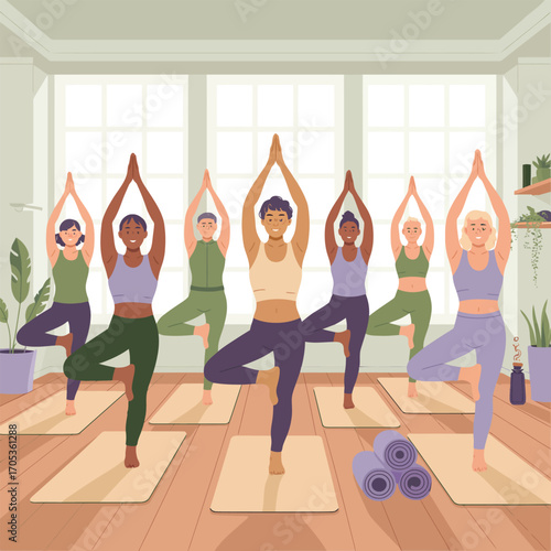 Diverse men and women in yoga studio performing tree pose with plants and mats Keywords: yoga
