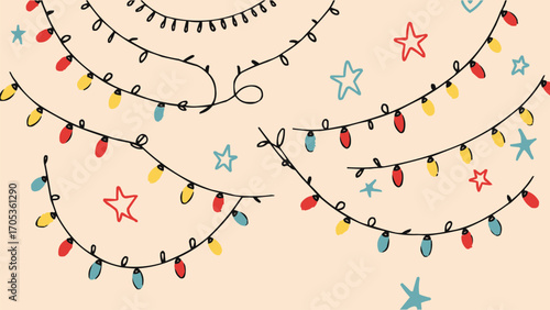 Hand drawn festive string lights with colorful bulbs and doodle stars on beige background for holiday decoration and t shirt design