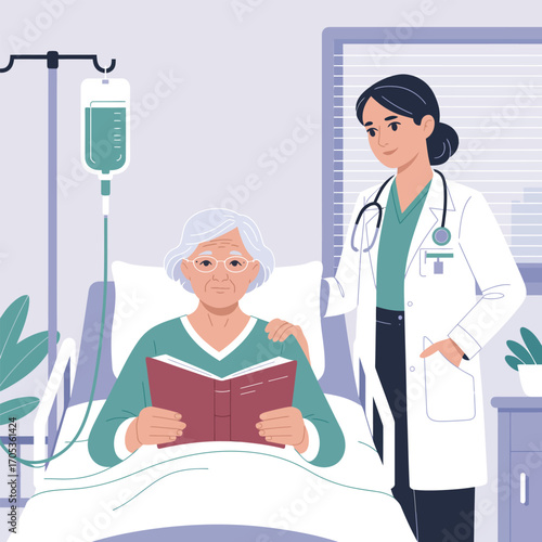 Doctor comforting elderly patient reading book in hospital room with IV drip woman