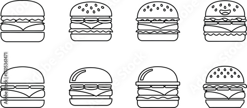 Collection of eight burger icons, each with a unique design, showcasing a variety of fast food